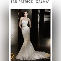 a woman in a white dress is posing for a magazine cover with the caption san patrick's calma