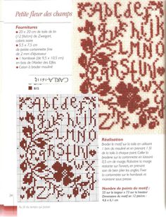 cross stitch pattern book with red and white designs on the pages, including letters and numbers