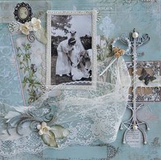 an altered photo with lace and flowers on the bottom, along with other scraps