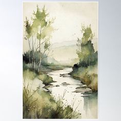 a watercolor painting of a river surrounded by trees