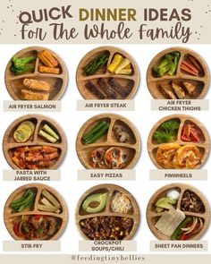 a poster showing different types of food in wooden trays with the words, quick dinner ideas for the whole family