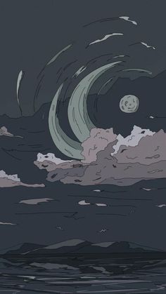 an animated image of the ocean with clouds and moon in the sky above it, as well as water below