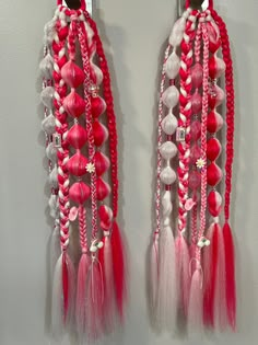 (2) Reusable tie-in braids to complete your look.  Shades of dark & light pink with white (glows in the dark).  Easy to install with the built in pony tail. Made with a seamless elastic band that will not overstretch or break. Every order will come with extra elastics and jewelry if used.  Approximately 22-24" in length Please reach out if you have any question 💗 You can also find me on TikTok @pony_glam_ Braids With Fabric In Hair, Braids Extensions Styles, Red And Pink Braids, Rave Braids Festival Hair, Softball Braids, Hair Extension Ideas, Braided Ponytail Extension, Festival Braid, Rave Braids