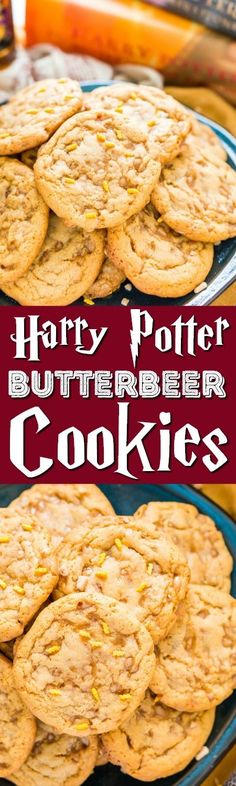 harry potter butterbeeer cookies on a plate with the words harry potter butterbeeer cookies