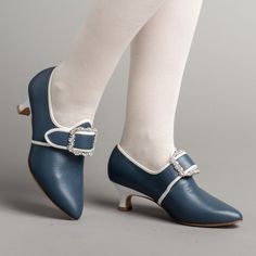 Beautiful colonial 18th century shoes with real leather uppers trimmed in white, historically correct for the Revolutionary War and French Revolution periods. 18th Century Shoes, Italian Heels, Century Shoes, American Duchess, Historical Shoes, Camping Shoes, Moroccan Leather, French Revolution, Shoes Blue