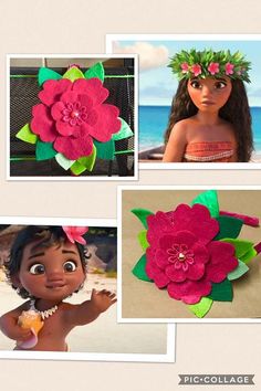 three pictures of different flowers and hair accessories