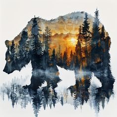 a painting of a bear with trees and mountains in the background, as if it were painted on watercolor paper