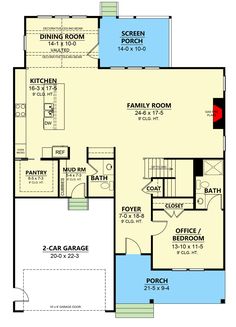 the first floor plan for a house with two car garages and an attached living area