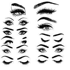 the different types of eyes and lashes are drawn in black ink on a white background