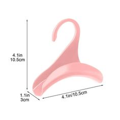 a pink plastic hanger with the measurements for each hook on it's side