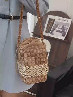 Elena Handbags Straw Cube Shaped Fashion Handbag Trendy Drawstring Travel Bag, Beige Crochet Bucket Bag With Phone Holder, Beige Crochet Bucket Bag With Phone Pocket, Vacation Bucket Bag With Mobile Phone Pocket, Large Capacity Box Bag For Vacation, Trendy Bucket Box Bag For Vacation, Summer Brown Bucket Bag With Phone Pocket, Travel Straw Bucket Bag With Phone Holder, Travel Pouch Box Bag