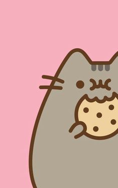 a cat with a cookie in it's mouth on a pink background that says hello kitty