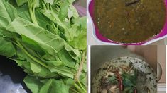 there are pictures of different foods and vegetables in this collage, including spinach