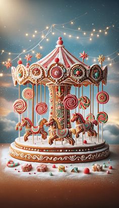 a merry go round with candy and candies on the top, surrounded by stars