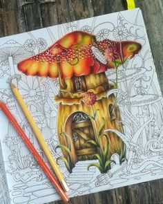 a coloring book with an image of a mushroom house and two pencils next to it