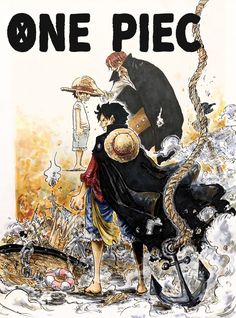 one piece is riding on the back of a horse with another man standing next to him