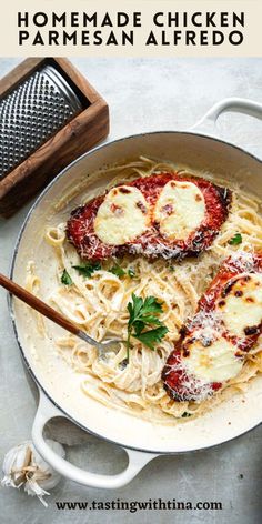 This Chicken Parmesan Alfredo is the ultimate comfort food mashup!
​
​This recipe takes classic chicken parmesan up a notch by pairing it with a rich and creamy sauce. The chicken is perfectly breaded, cooked until golden and then baked with marinara and gooey mozzarella until everything is bubbly and delicious.