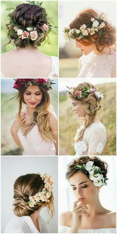 different hairstyles with flowers and leaves in the hair for brides to wear on their wedding day