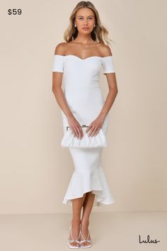 Slip into the Lulus How Much I Care Ivory Off-the-Shoulder Midi Dress and dance the night away! Medium-weight stretchy ponte knit shapes this stunning dress that features a sweetheart neckline (with no-slip strips) and darted bodice, framed by short off-the-shoulder sleeves. Fitted waist tops a figure-flattering midi skirt with a trumpet silhouette and ruffled high-low hem. Fit: This garment fits true to size. Length: Knee to mid-calf length. Size medium measures 39.75" from top to bottom. Bust: Flow Dress, Trumpet Silhouette, Blue Fits, Elopement Wedding, I Care, Dress Cuts, High Low Hem, Dress 100, Stunning Dresses