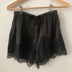 Women’s Size Small Never Worn Satin With Lace Black Stretch Summer Sleepwear, Fitted Black Short Sleepwear, Black Pajama Shorts For Summer Daywear, Black Lace Trim Sleepwear For Summer, Black Bottoms For Pajama Party In Summer, Black Bottoms For Summer Pajama Party, Black Lace Sleepwear For Summer, Black Lace Summer Sleepwear, Black Summer Bottoms For Night