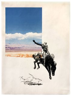 a drawing of a man riding on the back of a horse with his arms in the air