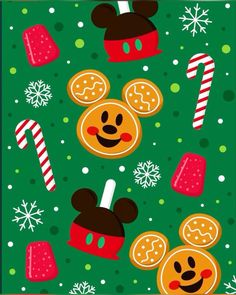 mickey mouse christmas wallpaper with candy canes and candies on green background for the holiday season