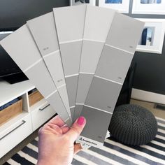 a person holding up some gray paint samples in their hand, with the color swatches showing