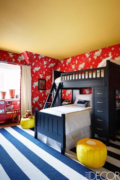 an instagramted photo of a bedroom with red wallpaper and black bunk bed