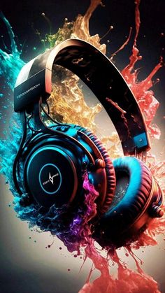 headphones with colorful paint splashing on them