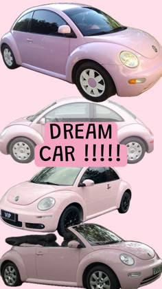 two pink cars with the words dream car written on them in front of each other