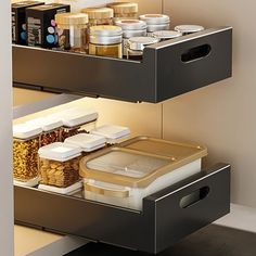 an open drawer in a bathroom filled with lots of food and condiments on it