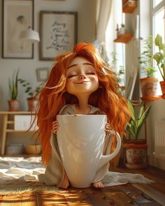 a doll with red hair is holding a coffee cup in her hands while sitting on the floor