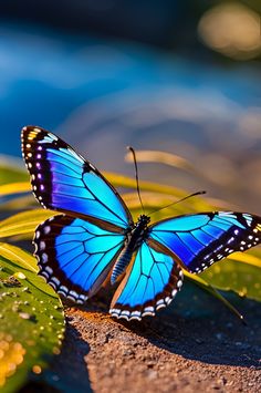 a blue butterfly sitting on top of a green leaf