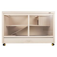 a white cabinet with two shelves on wheels