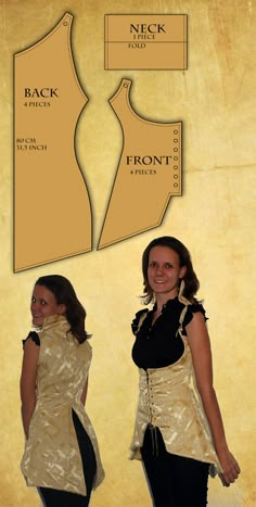 two women standing next to each other in front of a paper cutout with the shape of a dress on it