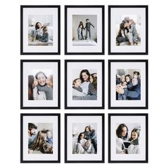 six black and white photos hanging on a wall with people in the middle one is holding a baby