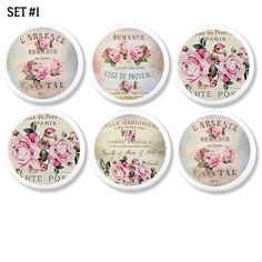 six different types of soaps with pink roses on the front and back of them