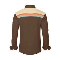 Elevate your style with our Retro Shirt, a perfect blend of 70s Style and Vintage flair. This Color Block Shirt for Men brings the essence of the 70s into your wardrobe with its vibrant and stylish design. The Brown Shirt features striking red, orange, and blue stripe detailing across the chest and sleeves, adding a bold and distinctive touch to your ensemble.Crafted from 100% polyester, this Men's Dress Shirt ensures both comfort and durability. The long cuff sleeves with button enclosure provi Brown Collared Shirt With Retro Print, Retro Long Sleeve Cotton Shirt, Retro Brown Cotton Shirt, Retro Brown Cotton Camp Shirt, Brown Cotton Tops With Retro Print, Retro Brown Shirt For Fall, Retro Brown Fall Shirt, Brown Retro Top With Relaxed Fit, Retro Brown Long Sleeve Shirt