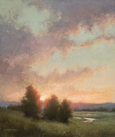 an oil painting of a sunset over a field