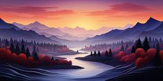 a painting of a mountain river at sunset