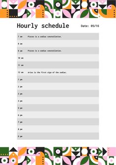 an image of a printable schedule for the horlly schedule, with colorful circles and