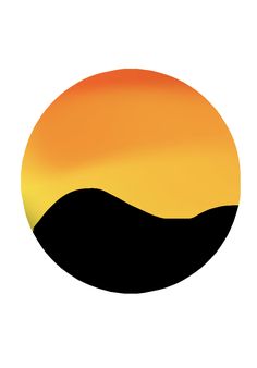 an orange and yellow sunset in the middle of a black circle on a white background