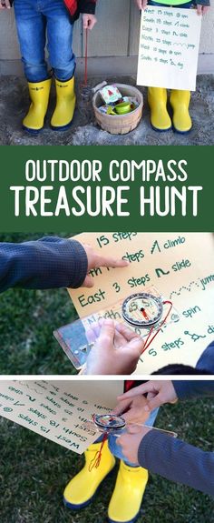 two children in rain boots and rubber boots are playing outside with the words outdoor compass treasure hunt