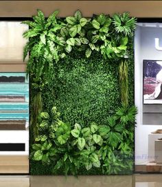 a green wall in an office with plants growing on it