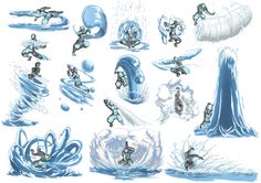 an image of various water sports scenes in blue and white colors on a white background