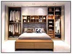 a bed sitting in a bedroom next to a walk in closet