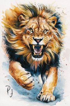 a watercolor painting of a lion running with its mouth open and it's teeth showing