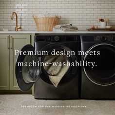 a washer and dryer in a kitchen with the words premium design meets machine - wash ability