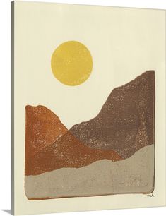 an image of a painting with mountains in the background and sun rising over the horizon