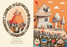 an open book with illustrations of houses and trees in the background, and a page from a children's book about fairy tales